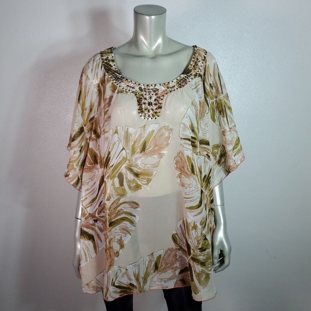 Lane Bryant Poncho Top Plus Size 22/24 Beaded Sheer Kimono Sleeve Pullover Multi - Picture 3 of 7